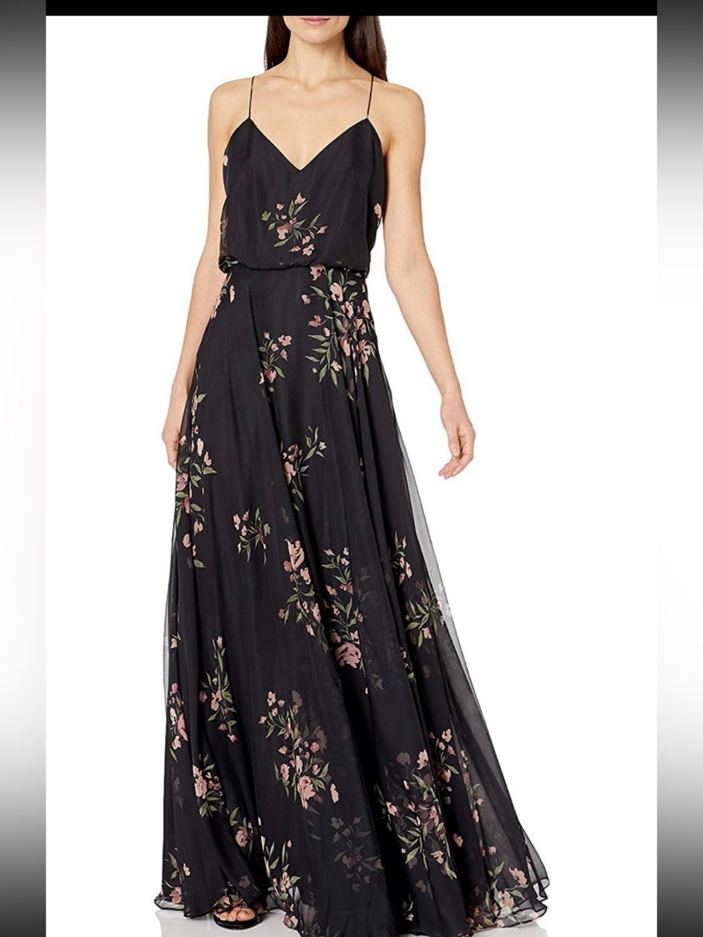 Jenny Yoo Black Maxi Dress with Pink Floral Print